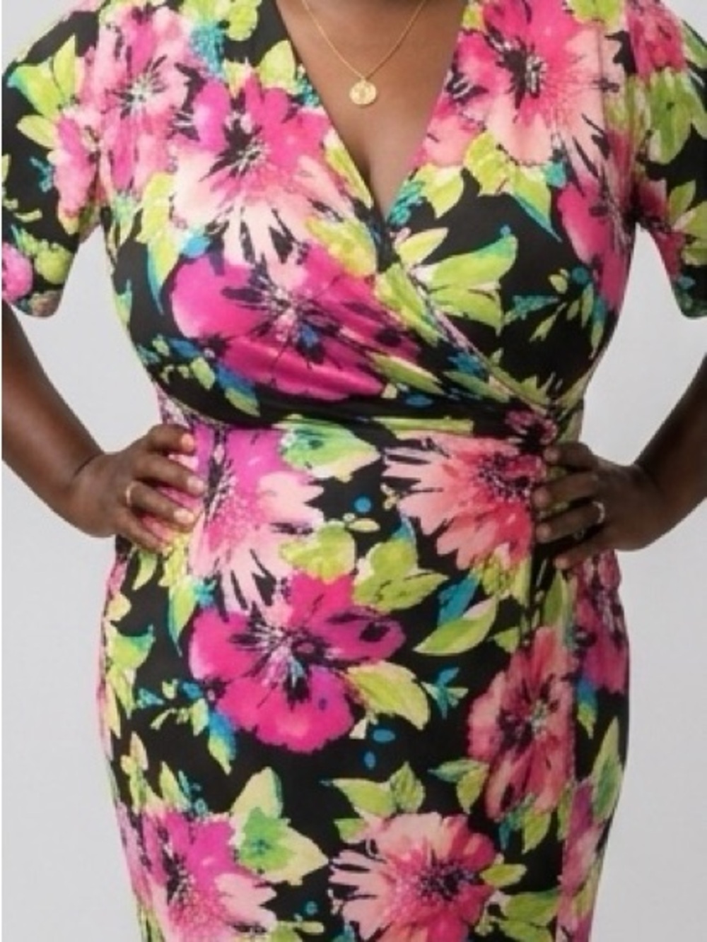 Floral Wrap-Style Dress in Black with Bright Pink and Lime Flowers